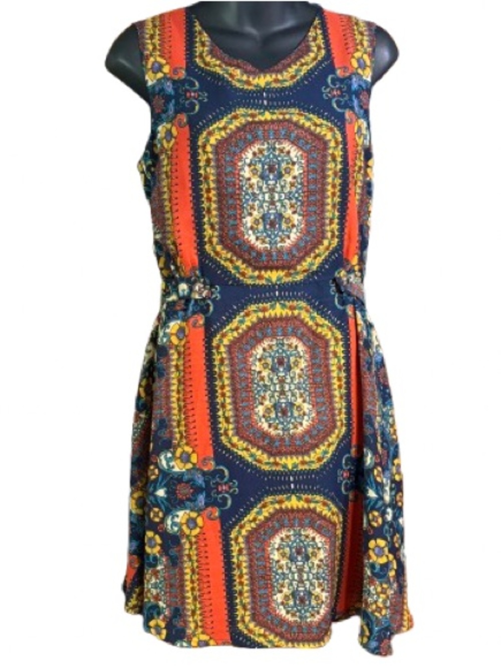 bohemian printed sleeveless dress defined cinch waist flowy mini-length skirt. - Picture 2 of 16